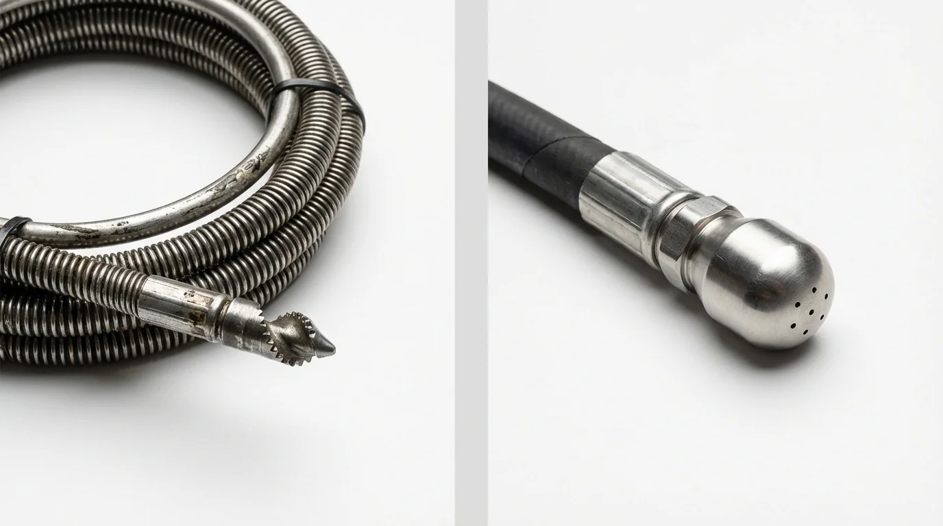Drain snake cable and hydro jetting nozzle used for drain cleaning in Saint Paul, NE