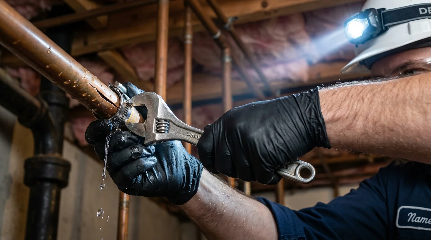 Emergency pipe clamp repair being performed by a Johns Plumbing LLC plumber in Saint Paul