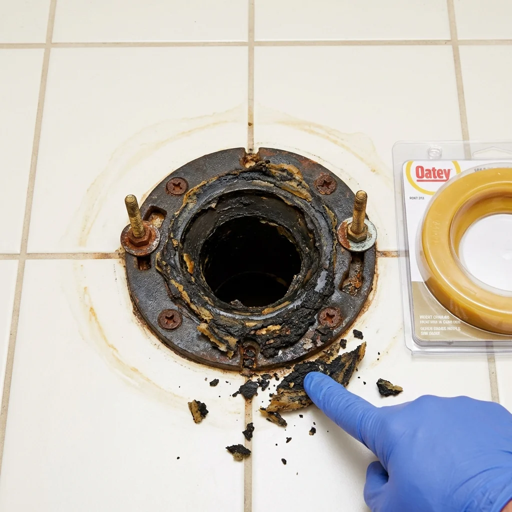 Failed wax ring showing water seepage at the base of a toilet in a Saint Paul, NE home