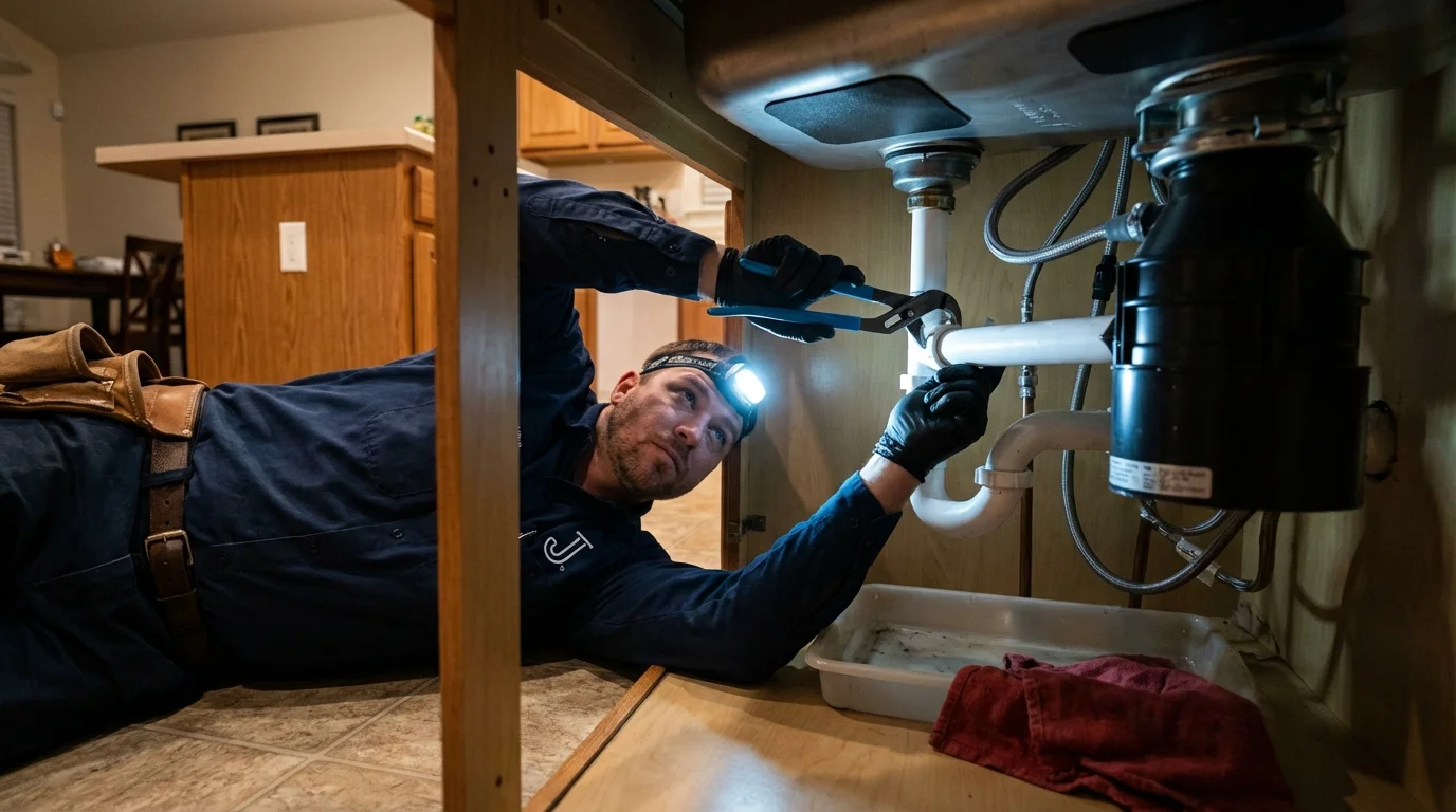 P-trap and supply line connections under a kitchen sink showing a common leak point in Saint Paul, NE
